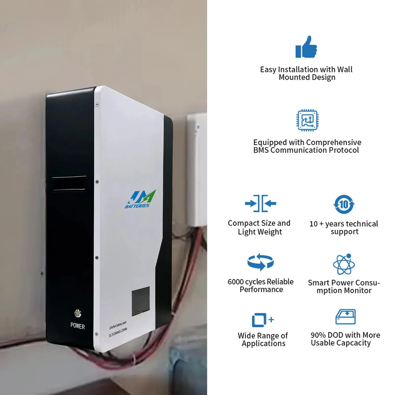 51.2V 100AH 5KWH Wall-Mounted LiFePO4 Battery Pack - Image 3