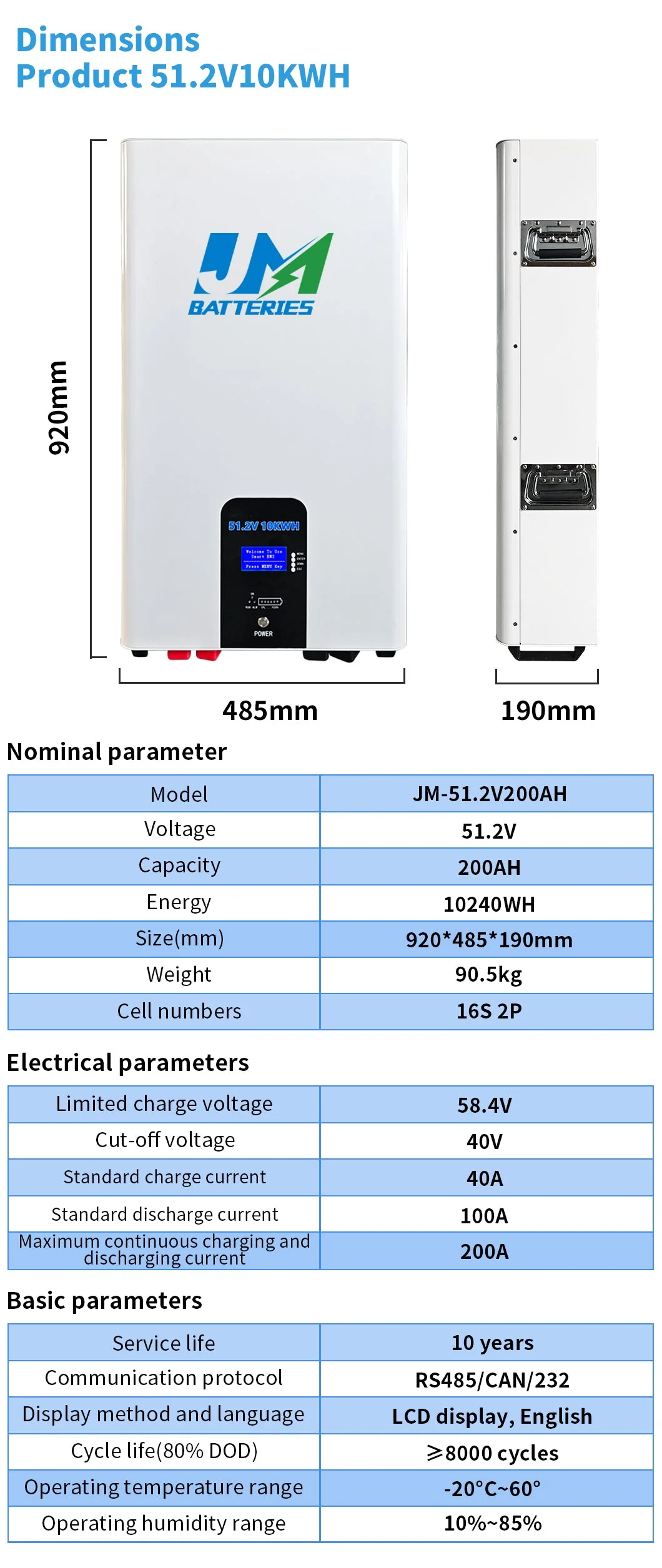 JM 10kwh 51.2V 200ah lifepo4 solar battery 51.2v 200ah lifepo4 wall mount battery - Image 2