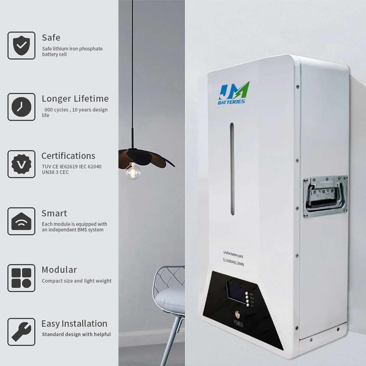 JM LiFePO4 5kwh 10kwh 15kwh 100ah 200Ah Deep Cycle Powerwall Mounted 48v 51.2v Lithium Solar Energy Storage System Battery - Image 2