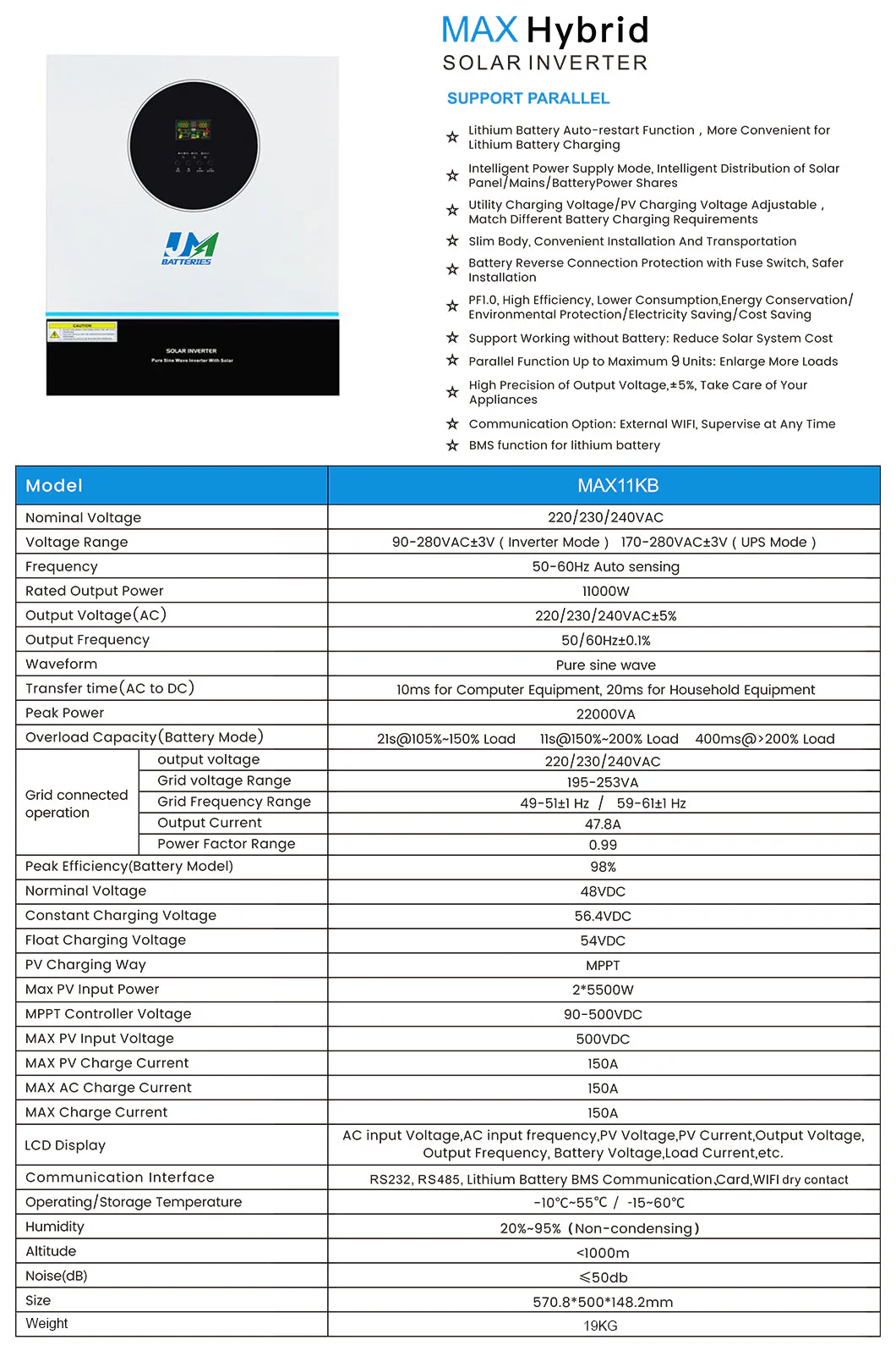 Jm Top Selling Personalized lithium battery solar and power inverter off Grid Pure Sine Wave 6.2kwh 220V 50Hz Hybrid Solar Inverter use for lithium ion battery - Image 4