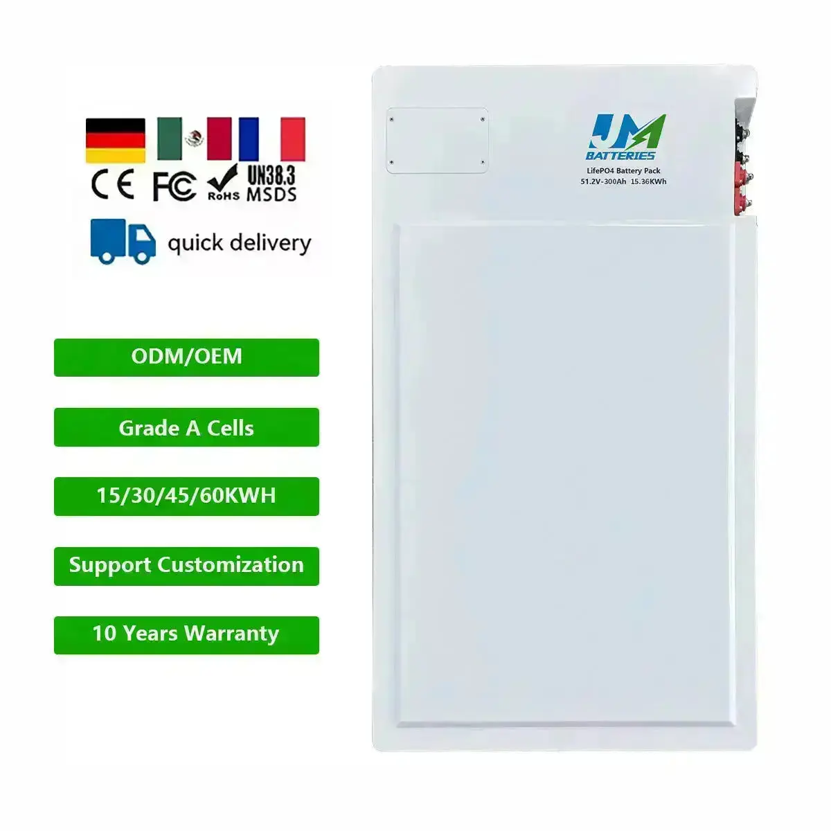 JM Wall-Mountable Battery 51.2V 140AH 300AH Efficient Stackable Battery - Image 2